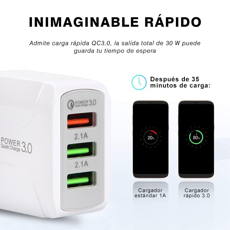 Cargador Móvil Rápido 3.0, 2.1A 5V Universal 3 USB Puertos Corriente Enchufe Móvil para iPhone Samsung Android