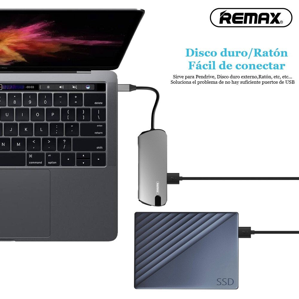 REMAX RU-U50 Docking Station con Puertos de HDMI, Tipo-C, Ethernet, Tarjeta SD, Tarjeta Micro SD y 3 USB , con Alta Velocidad para Conectar con Disco Duro Externo, Pen Drive, Ratón, Teclado, Móvil, Video 4K,Tarjeta SD, Internet