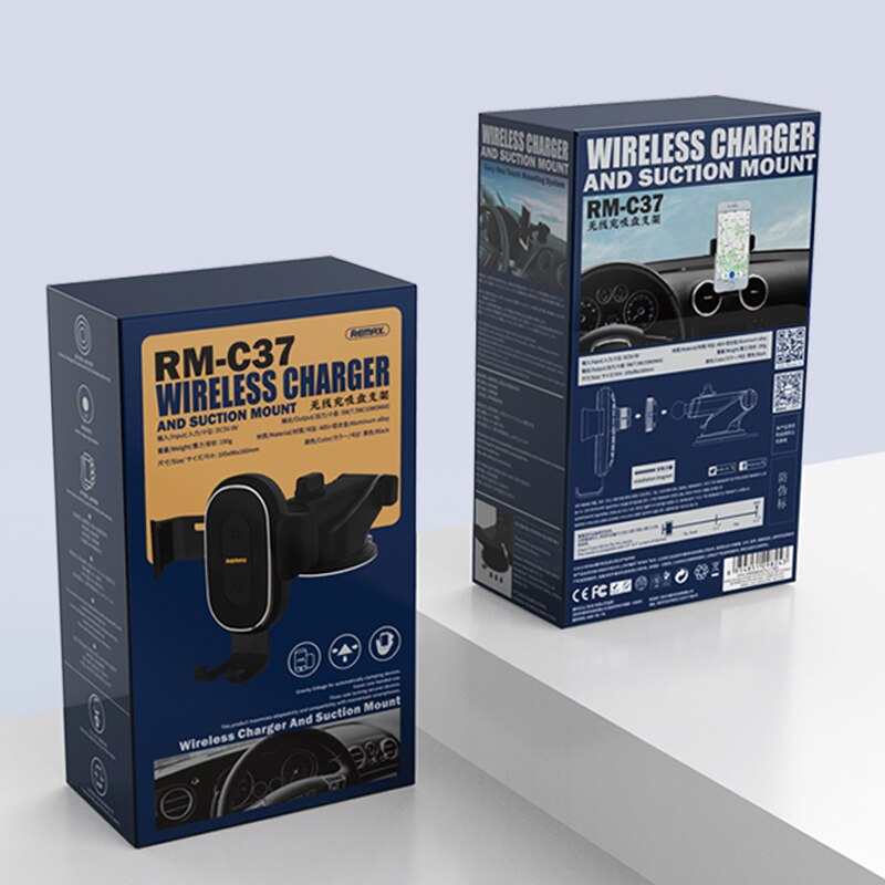 REMAX RM-C37 Soporte Automático Con Carga Inalámbrica 10W Para Coche, Sujeta Por El Peso Del Móvil, Con Ventosa O Pinza Para Coche