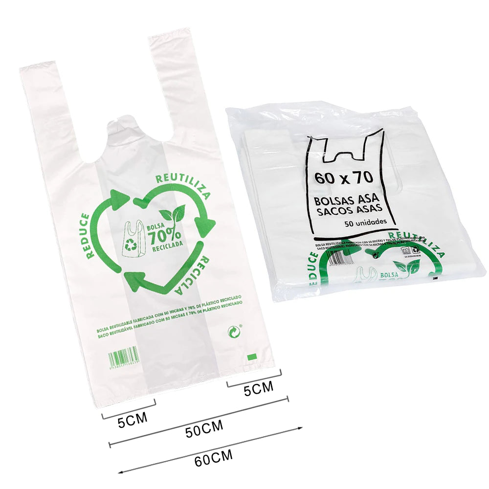 Bolsas De Plástico Tipo Camiseta, Reutilizables y 70% Recicladas, Gran Resistencia, Cumple Normativas, Aptas Uso Alimentario