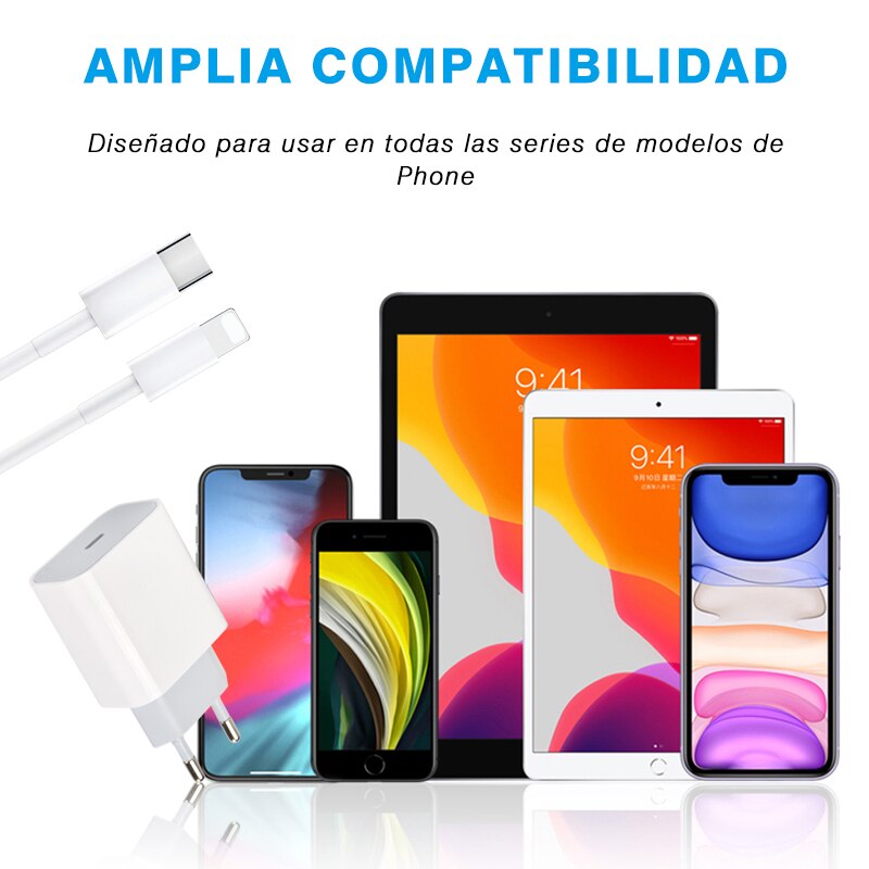 Cargador Móvil Rápido PD 18W, Cargador Fast Charge 3.0 con 1M Cable USB C a Lightning Carga USB C Adaptador para iPhone