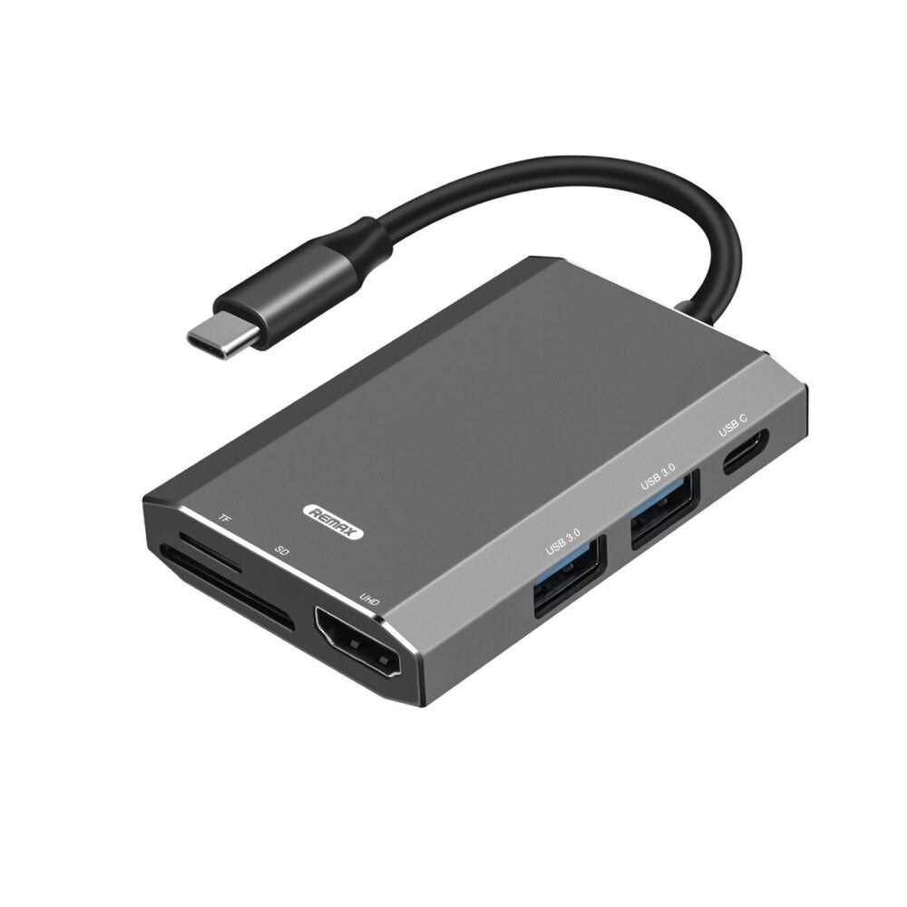 REMAX RU-U30 Docking Station Tipo-C con Puertos de HDMI, Tipo-C, tarjeta SD, Tarjeta Micro SD y 2 USB 3.0, con Alta Velocidad para Conectar con Disco Duro Externo, Pen Drive, Ratón, Teclado, Móvil, Video 4K,Tarjeta SD
