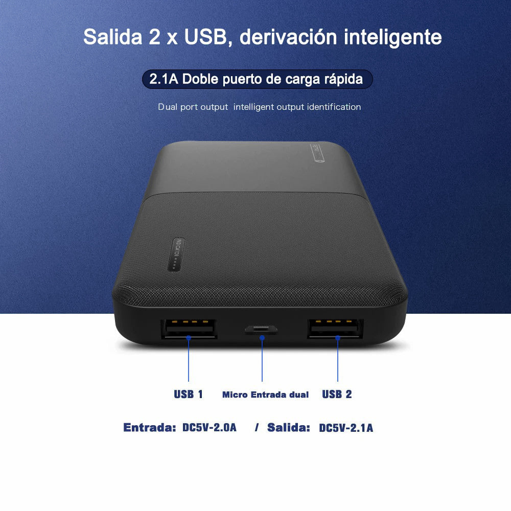 Powerbank REMAX RPP-124 10000mAh con Cable Batería Externa Salida Dual de 5V / 2.1A Carga Rápida para Móviles