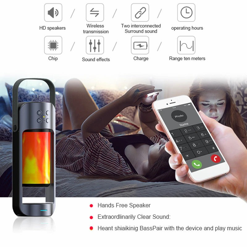 Alpha-Altavoz Bluetooth, Altavoz Portátil, Con Luz LED De Llama, Con Carga Inalámbrica, Mano Libre, Puerto De AUX, Tarjeta SD,USB