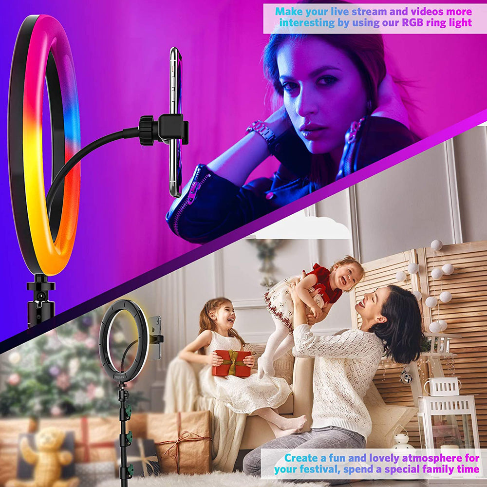 Anillo de Luz RGB LED 10", Aro de Luz Fotografia con Trípode, Soporte para Móvil y 360° Poste de Ajustable Selfie Vídeo Youtube