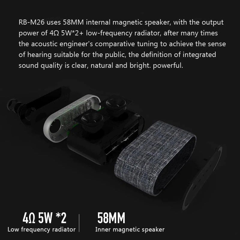Altavoz Bluetooth RB-M26 Con Reloj Despertador y Radio FM, Altavoz Bluetooth Potente, Mano Libre, Puerto Para AUX/Tarjeta SD