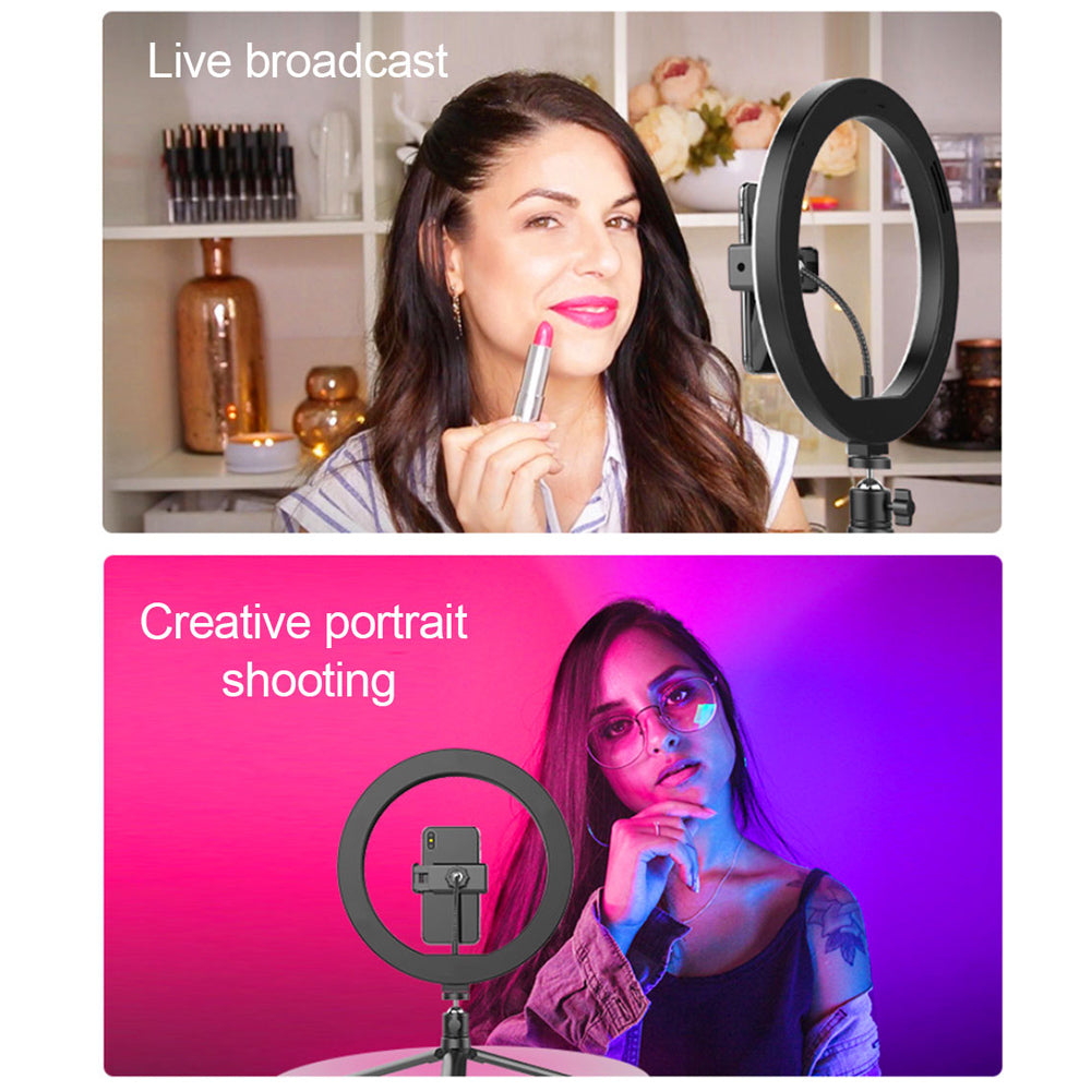 Anillo de Luz RGB LED 10", Aro de Luz Fotografia con Trípode, Soporte para Móvil y 360° Poste de Ajustable Selfie Vídeo Youtube