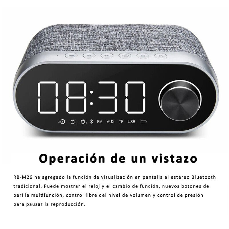 Altavoz Bluetooth RB-M26 Con Reloj Despertador y Radio FM, Altavoz Bluetooth Potente, Mano Libre, Puerto Para AUX/Tarjeta SD