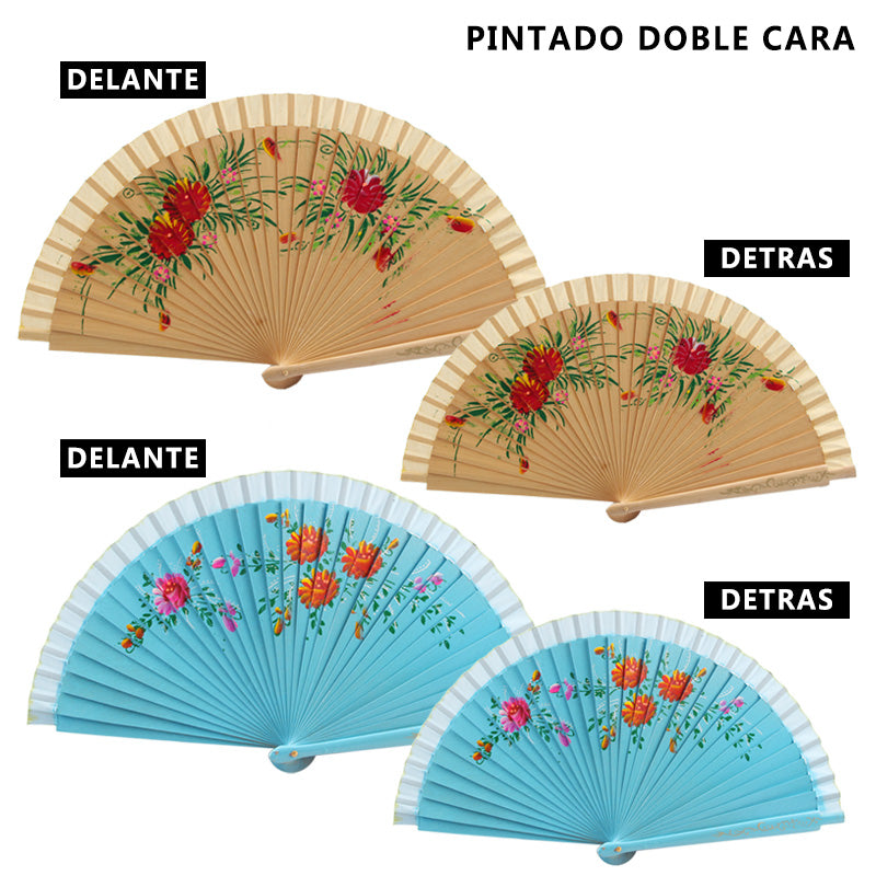 HUSL ABANICOS MADERA 23 CM PINTADO DOBLE CARA, DETALLES PARA LOS INVITADOS, REGALOS DE BODA, FIESTAS, COMUNIÓN O BAUTIZO