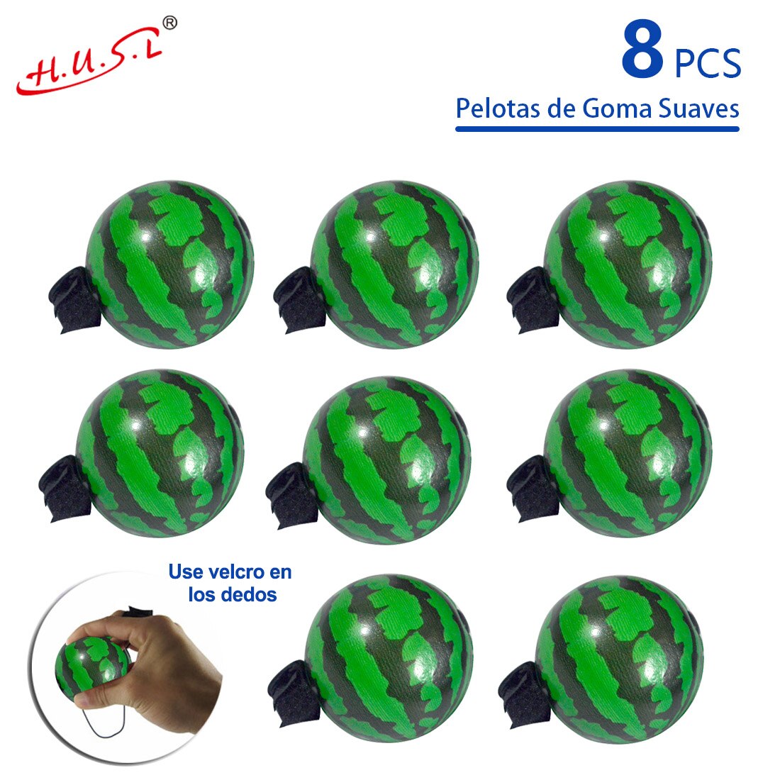 HUSL Bolas de Goma de Rebote con correa para el dedo y cuerda elástica, Bolas de deportes de goma suave, pelota para jugar en zona interior y aire libre, diseñado para los niños-Diámetro approx.6.3 cm(Sandía)