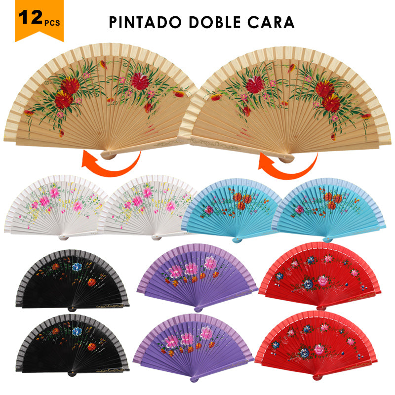 HUSL ABANICOS MADERA 23 CM PINTADO DOBLE CARA, DETALLES PARA LOS INVITADOS, REGALOS DE BODA, FIESTAS, COMUNIÓN O BAUTIZO