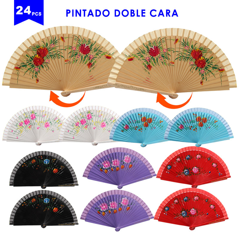 HUSL ABANICOS MADERA 23 CM PINTADO DOBLE CARA, DETALLES PARA LOS INVITADOS, REGALOS DE BODA, FIESTAS, COMUNIÓN O BAUTIZO