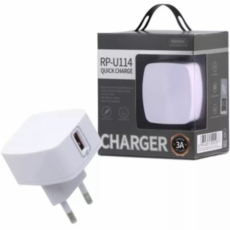 REMAX RP-U114 Cargador Móvil Carga Rápida de 3A con 1 Puertos de USB, Compatible con Apple o Android, Negro / Blanco