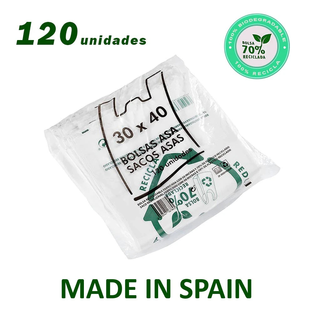 Bolsas De Plástico Tipo Camiseta, Reutilizables y 70% Recicladas, Gran Resistencia, Cumple Normativas, Aptas Uso Alimentario