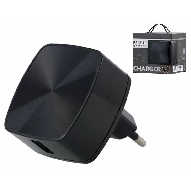 REMAX RP-U114 Cargador Móvil Carga Rápida de 3A con 1 Puertos de USB, Compatible con Apple o Android, Negro / Blanco