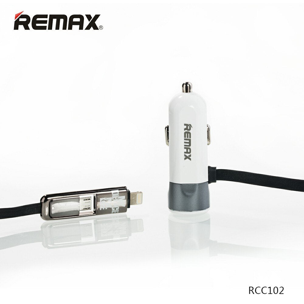 REMAX RCC 102 Cargador de Coche 3 en 1,DC12-24V, Cargador Mechero con Cable de Lightning y Adaptador de Tipo-C,5V-3.4A