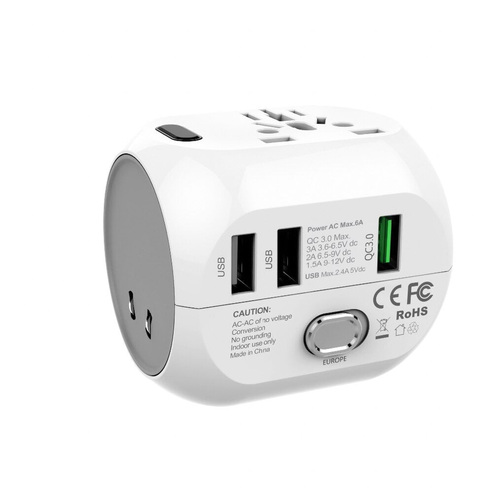 REMAX RL-EP08 Adaptador de Enchufe Universal de US/EU/UK/AU Macho y Hembra, con Un USB de QC3.0 y 2 USB de 2.4A,Adaptador Enchufe para Viaje