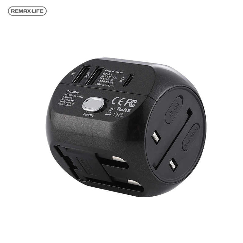 REMAX RL-EP08 Adaptador de Enchufe Universal de US/EU/UK/AU Macho y Hembra, con Un USB de QC3.0 y 2 USB de 2.4A,Adaptador Enchufe para Viaje