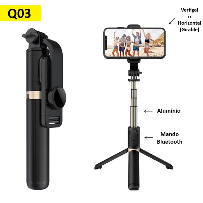 Palo Selfie Trípode Bluetooth, con mando Bluetooth, Selfie Stick Móvil Deportivo Extensible para Viaje, para Foto selfie, Grabación de Videos, Vlogs, etc. etc.