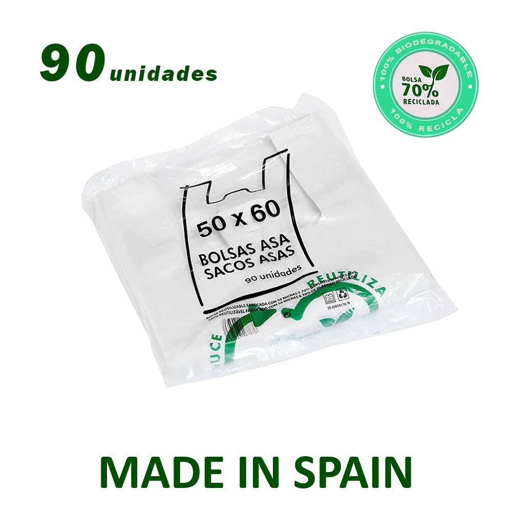 Bolsas De Plástico Tipo Camiseta, Reutilizables y 70% Recicladas, Gran Resistencia, Cumple Normativas, Aptas Uso Alimentario