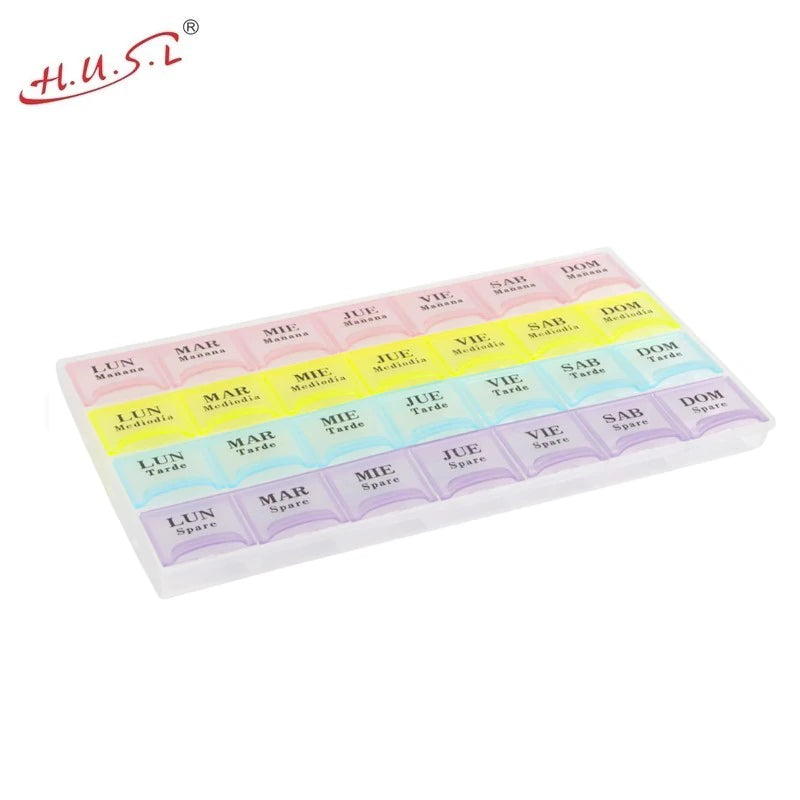 Pastillero Semanal Español, Organizador Medicamentos, Pastillero con cortador, Dosificador de Pastillas, Caja para Pastillas de 7 Días de Toma Diaria Multicolor