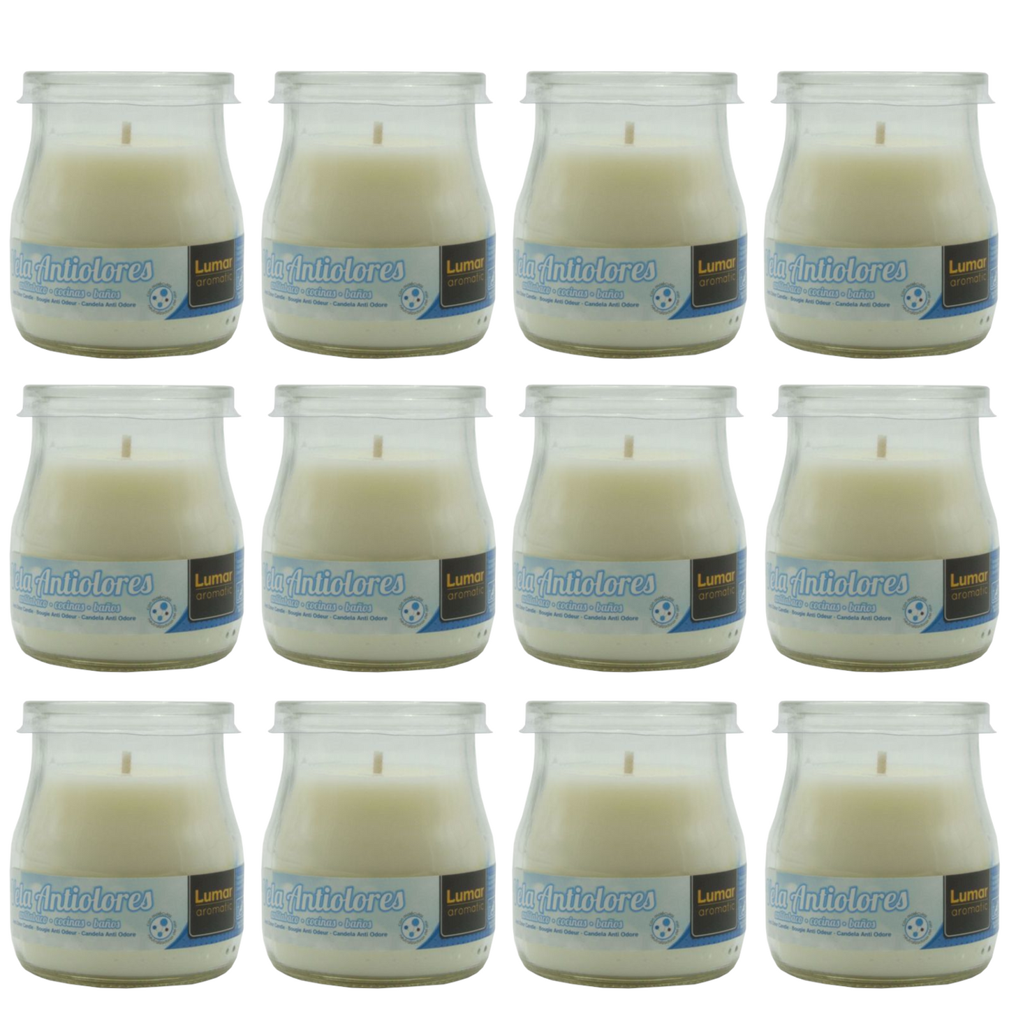 Home Universal® Pack de 3/6/12 Velas Aromáticas en Vaso de Cristal Reciclable LUMAR AROMATIC – 24h de Duración por Vela – Cera Vegetal Perfumada – 16 Fragancias Disponibles – Fabricadas en España – 7x6cm (Anti olores)