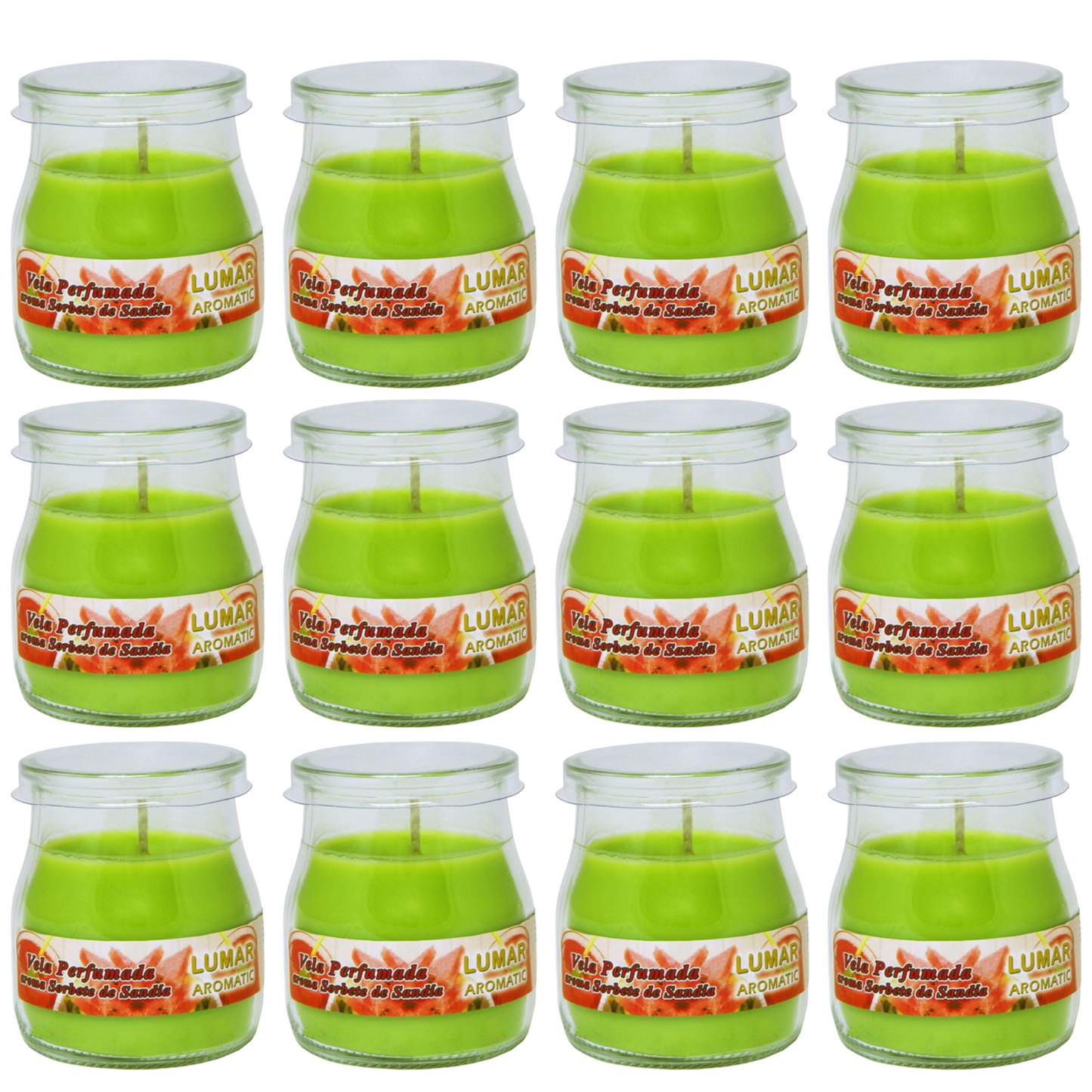 Home Universal® Pack de 3/6/12 Velas Aromáticas en Vaso de Cristal Reciclable LUMAR AROMATIC – 24h de Duración por Vela – Cera Vegetal Perfumada – 16 Fragancias Disponibles – Fabricadas en España – 7x6cm (Sorbete de Sandía)