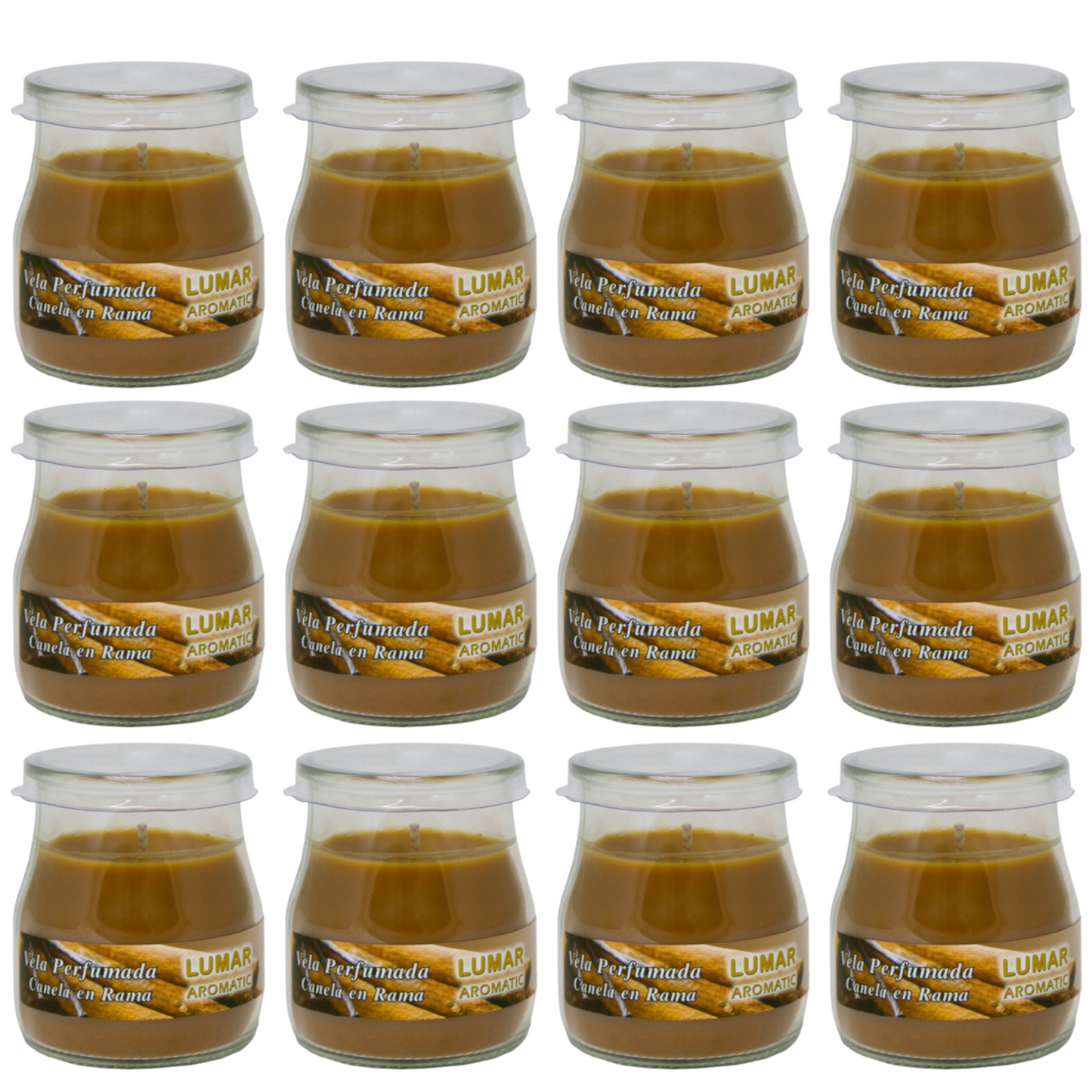 Home Universal® Pack de 3/6/12 Velas Aromáticas en Vaso de Cristal Reciclable LUMAR AROMATIC – 24h de Duración por Vela – Cera Vegetal Perfumada – 16 Fragancias Disponibles – Fabricadas en España – 7x6cm (Canela en Rama)