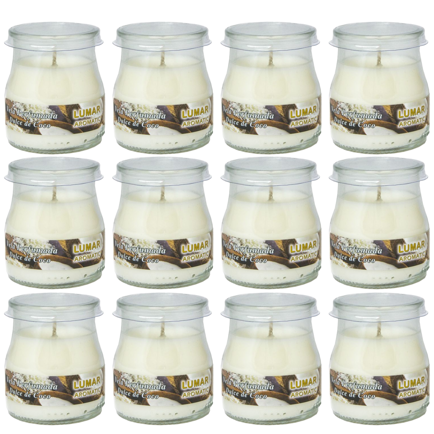 Home Universal® Pack de 3/6/12 Velas Aromáticas en Vaso de Cristal Reciclable LUMAR AROMATIC – 24h de Duración por Vela – Cera Vegetal Perfumada – 16 Fragancias Disponibles – Fabricadas en España – 7x6cm (Dulce de Coco)