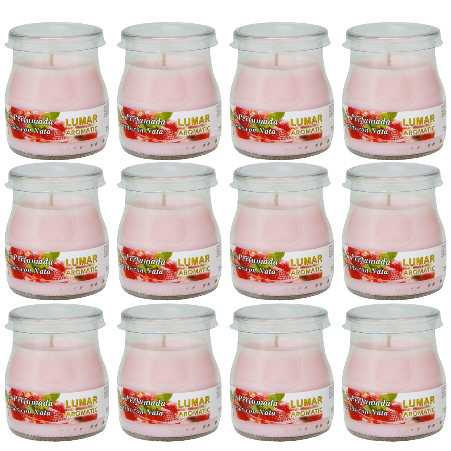 Home Universal® Pack de 3/6/12 Velas Aromáticas en Vaso de Cristal Reciclable LUMAR AROMATIC – 24h de Duración por Vela – Cera Vegetal Perfumada – 16 Fragancias Disponibles – Fabricadas en España – 7x6cm (Fresas con Nata)