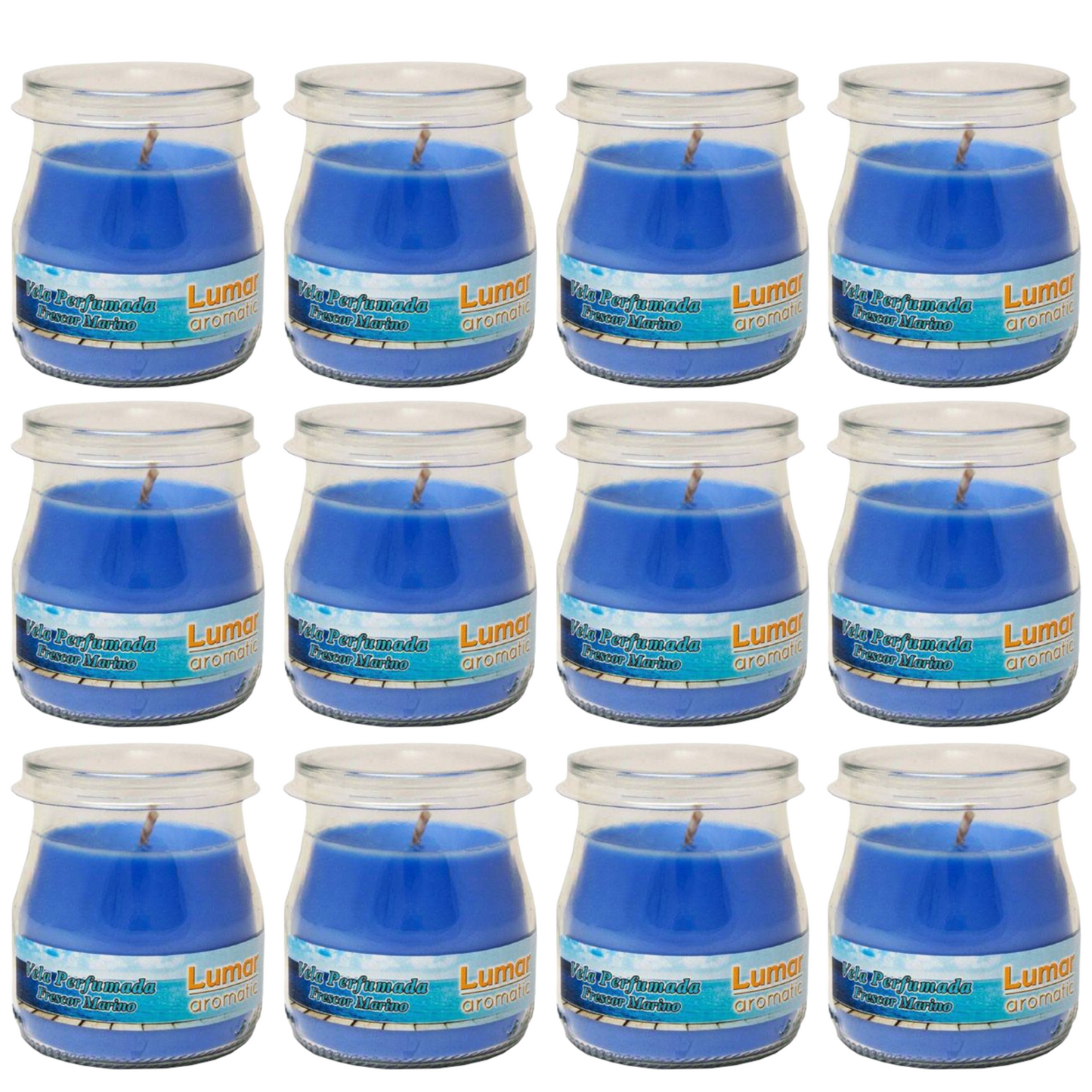 Home Universal® Pack de 3/6/12 Velas Aromáticas en Vaso de Cristal Reciclable LUMAR AROMATIC – 24h de Duración por Vela – Cera Vegetal Perfumada – 16 Fragancias Disponibles – Fabricadas en España – 7x6cm (Frescor Marino)