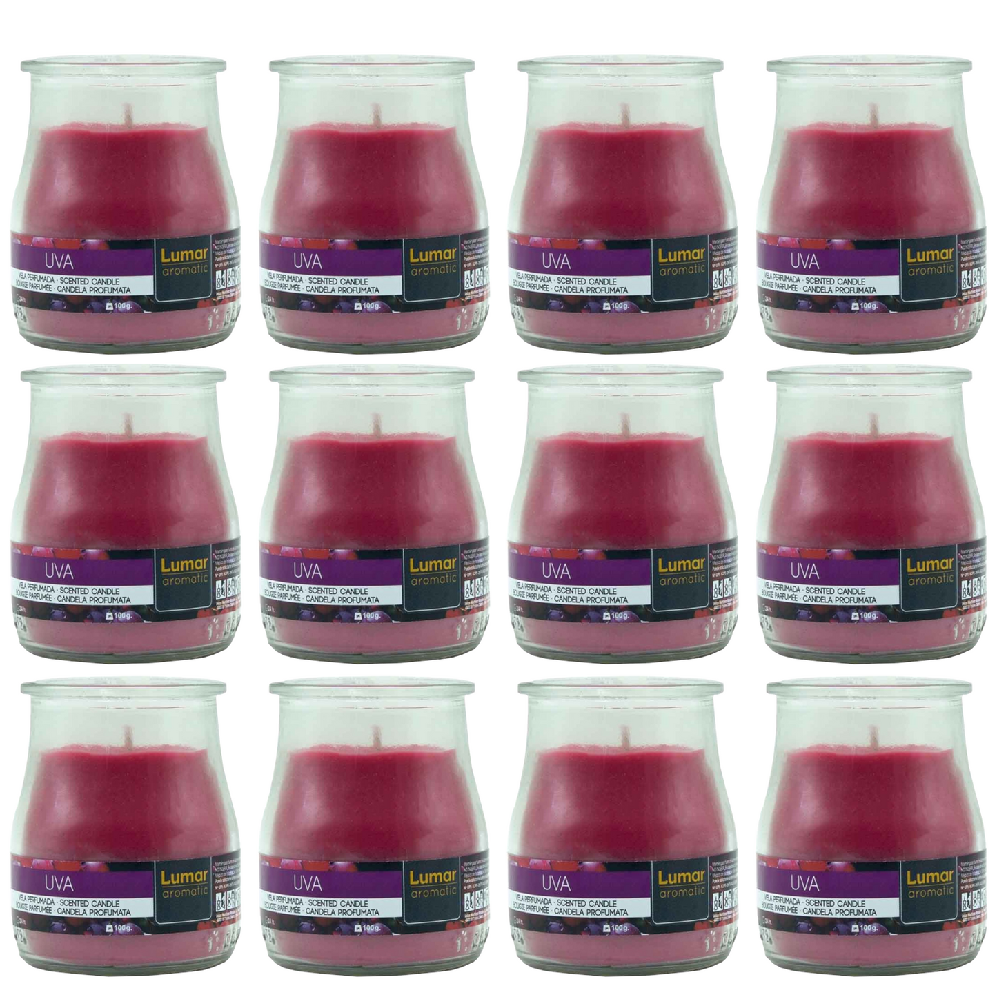Home Universal® Pack de 3/6/12 Velas Aromáticas en Vaso de Cristal Reciclable LUMAR AROMATIC – 24h de Duración por Vela – Cera Vegetal Perfumada – 16 Fragancias Disponibles – Fabricadas en España – 7x6cm (Uva)