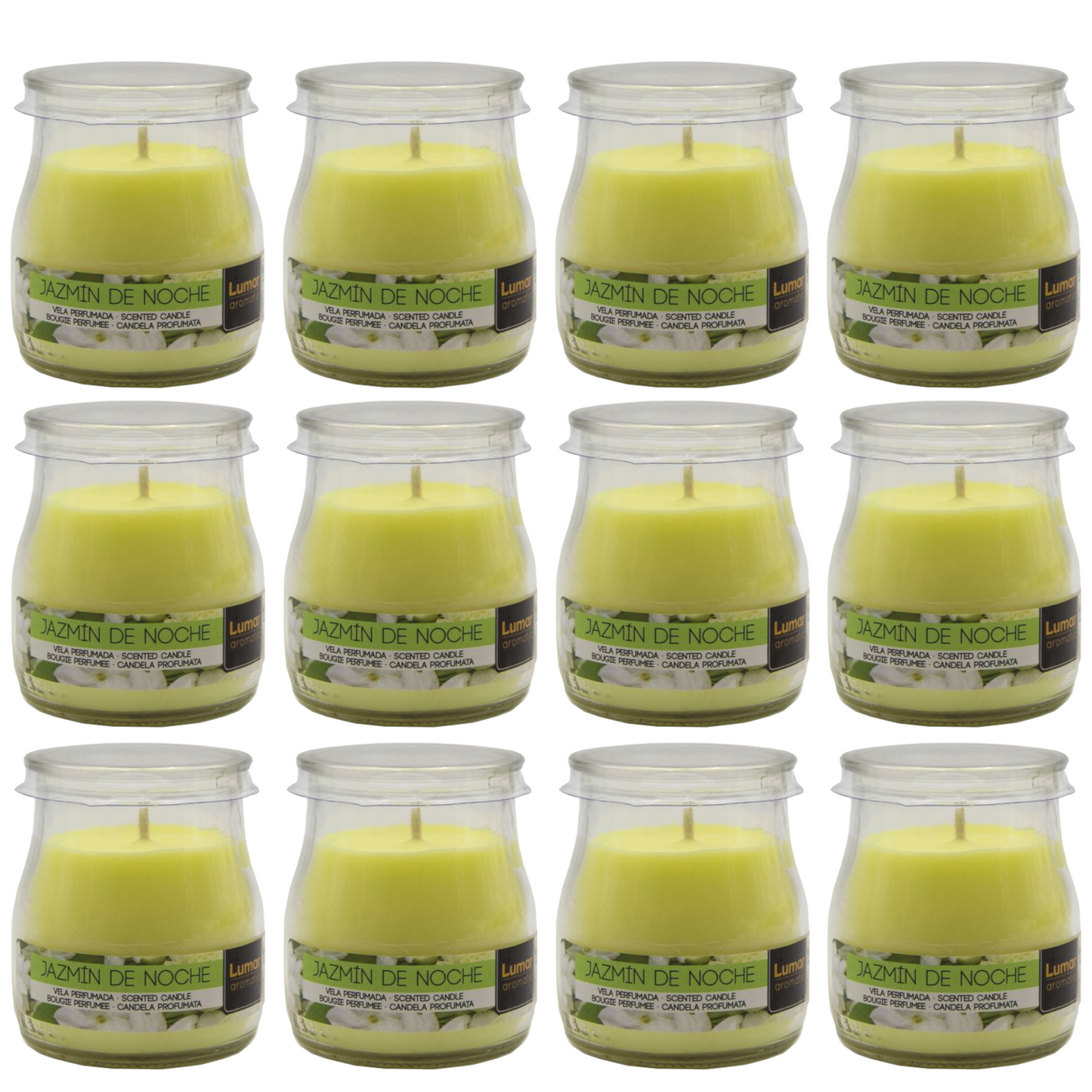 Home Universal® Pack de 3/6/12 Velas Aromáticas en Vaso de Cristal Reciclable LUMAR AROMATIC – 24h de Duración por Vela – Cera Vegetal Perfumada – 16 Fragancias Disponibles – Fabricadas en España – 7x6cm (Jazmín de Noche)