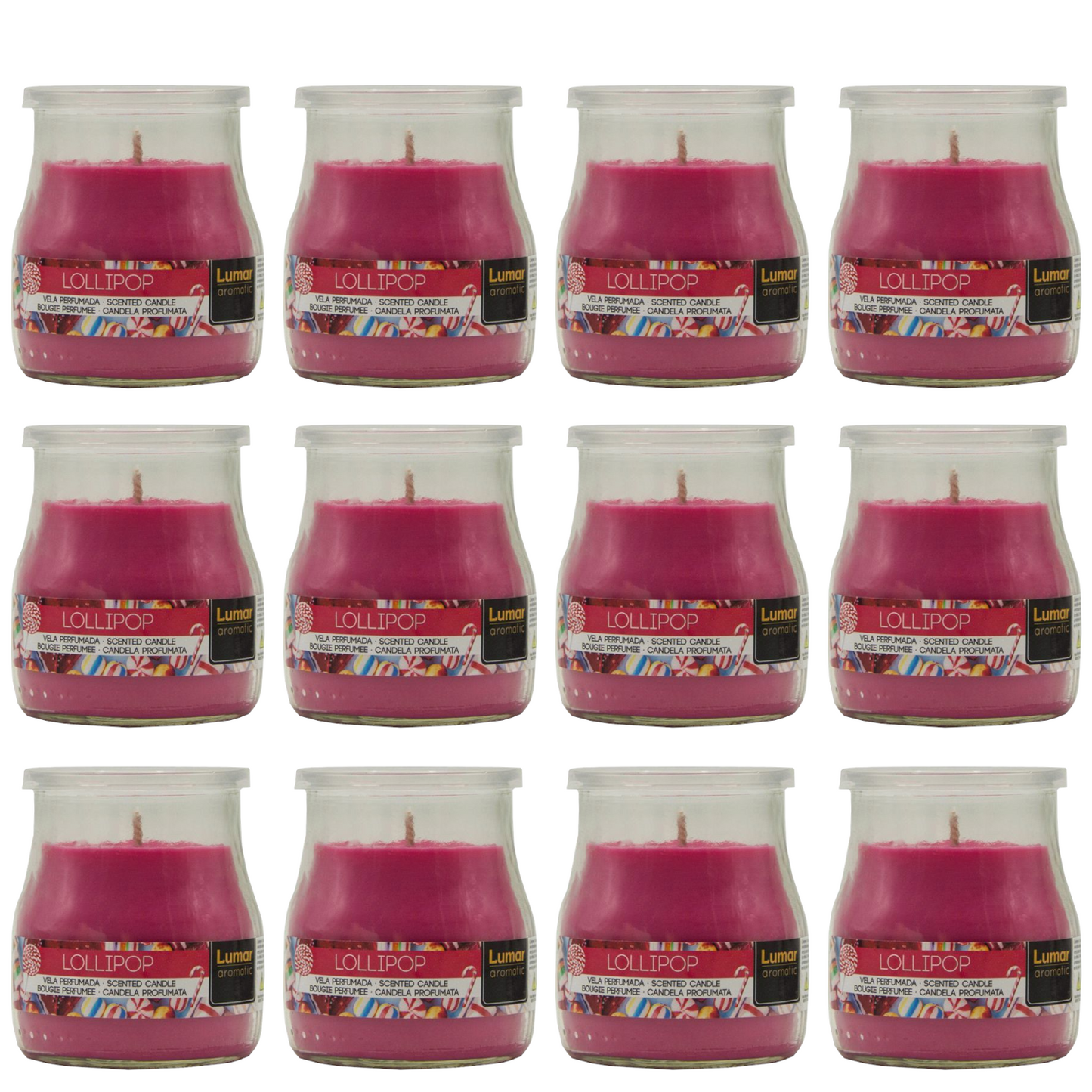 Home Universal® Pack de 3/6/12 Velas Aromáticas en Vaso de Cristal Reciclable LUMAR AROMATIC – 24h de Duración por Vela – Cera Vegetal Perfumada – 16 Fragancias Disponibles – Fabricadas en España – 7x6cm (Lollipop)