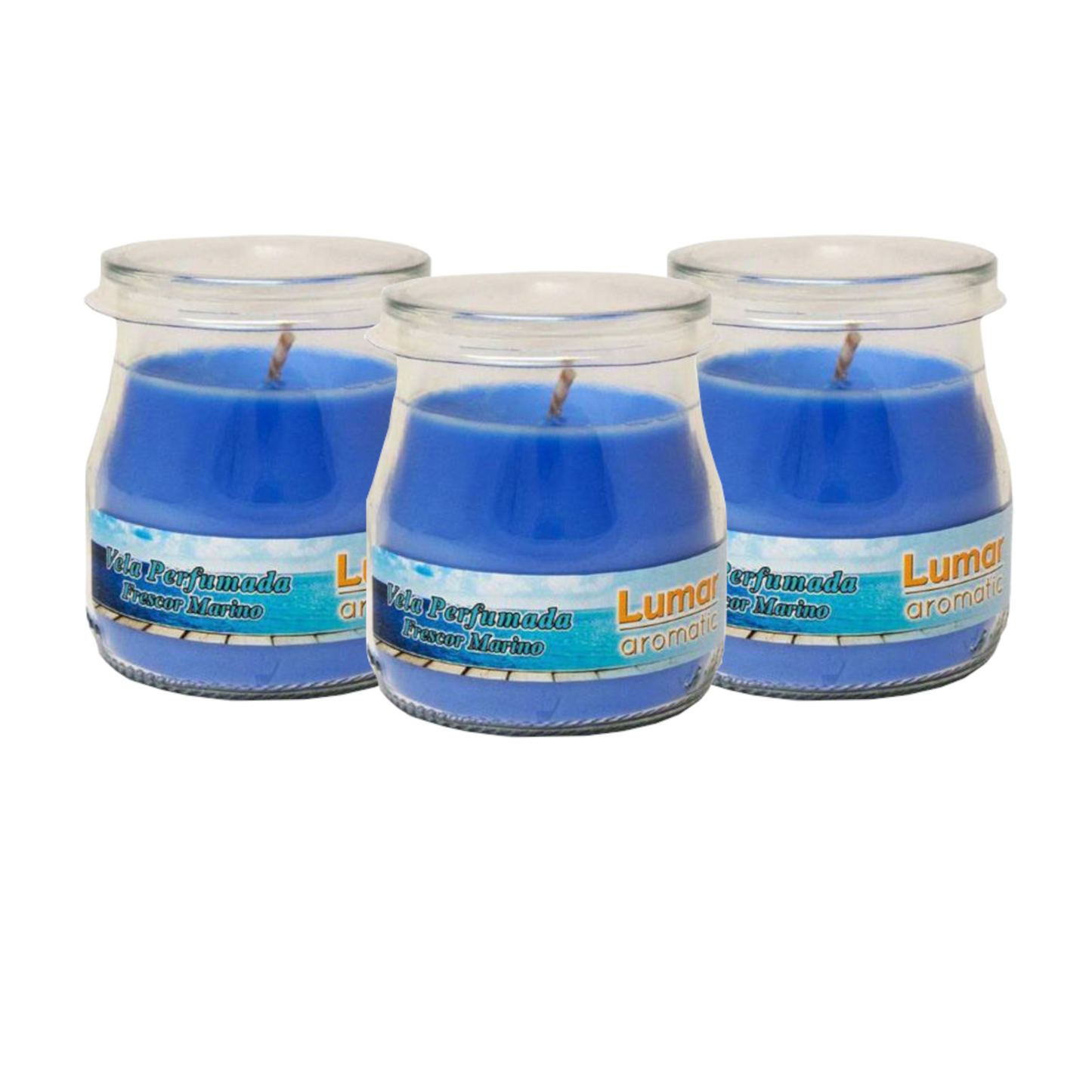 Home Universal® Pack de 3/6/12 Velas Aromáticas en Vaso de Cristal Reciclable LUMAR AROMATIC – 24h de Duración por Vela – Cera Vegetal Perfumada – 16 Fragancias Disponibles – Fabricadas en España – 7x6cm (Frescor Marino)