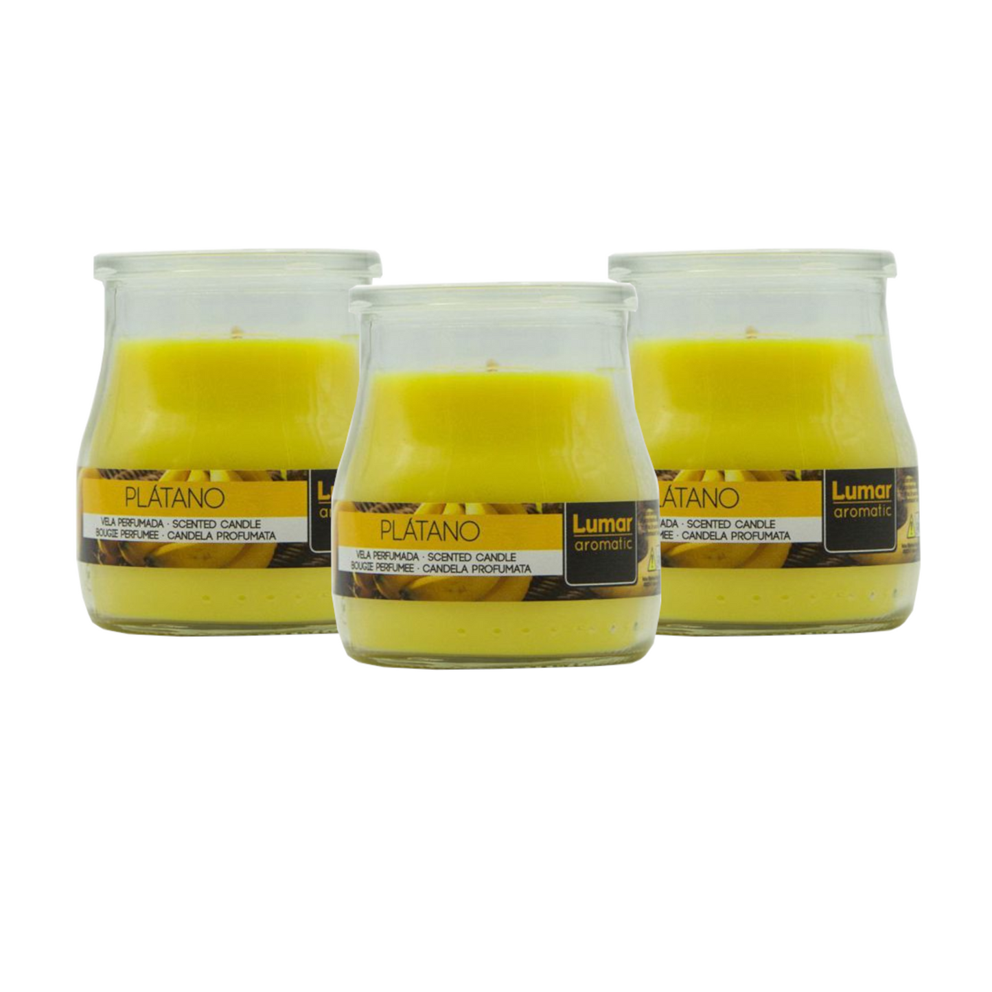 Home Universal® Pack de 3/6/12 Velas Aromáticas en Vaso de Cristal Reciclable LUMAR AROMATIC – 24h de Duración por Vela – Cera Vegetal Perfumada – 16 Fragancias Disponibles – Fabricadas en España – 7x6cm (Plátano)