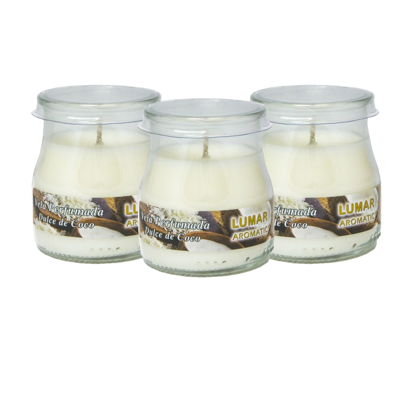 Home Universal® Pack de 3/6/12 Velas Aromáticas en Vaso de Cristal Reciclable LUMAR AROMATIC – 24h de Duración por Vela – Cera Vegetal Perfumada – 16 Fragancias Disponibles – Fabricadas en España – 7x6cm (Dulce de Coco)
