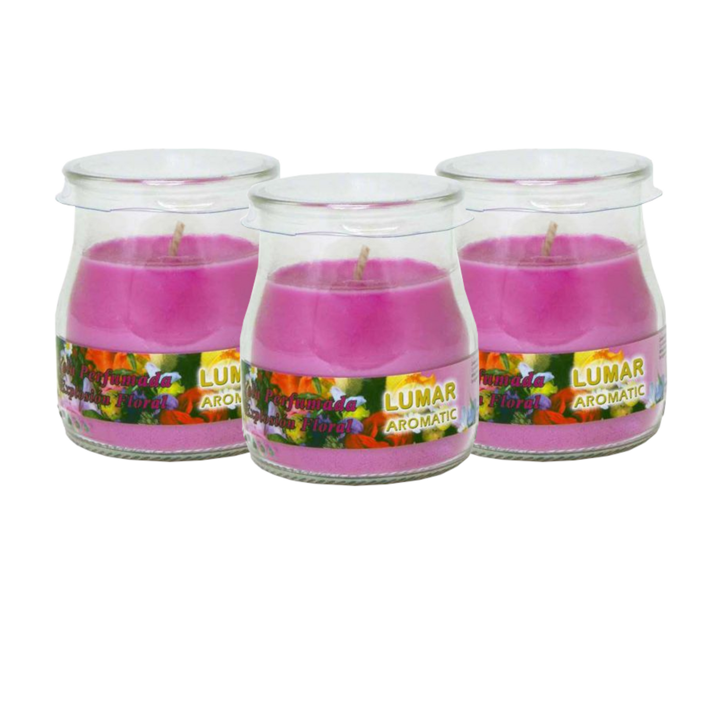 Home Universal® Pack de 3/6/12 Velas Aromáticas en Vaso de Cristal Reciclable LUMAR AROMATIC – 24h de Duración por Vela – Cera Vegetal Perfumada – 16 Fragancias Disponibles – Fabricadas en España – 7x6cm (Explosión Floral)