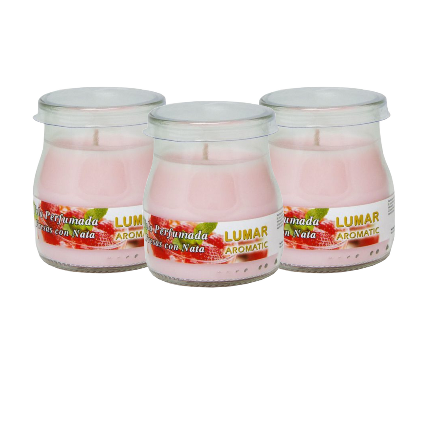 Home Universal® Pack de 3/6/12 Velas Aromáticas en Vaso de Cristal Reciclable LUMAR AROMATIC – 24h de Duración por Vela – Cera Vegetal Perfumada – 16 Fragancias Disponibles – Fabricadas en España – 7x6cm (Fresas con Nata)