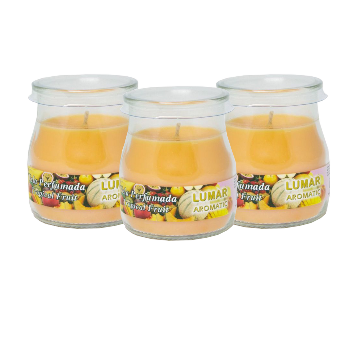 Home Universal® Pack de 3/6/12 Velas Aromáticas en Vaso de Cristal Reciclable LUMAR AROMATIC – 24h de Duración por Vela – Cera Vegetal Perfumada – 16 Fragancias Disponibles – Fabricadas en España – 7x6cm (Frutas Tropicales)