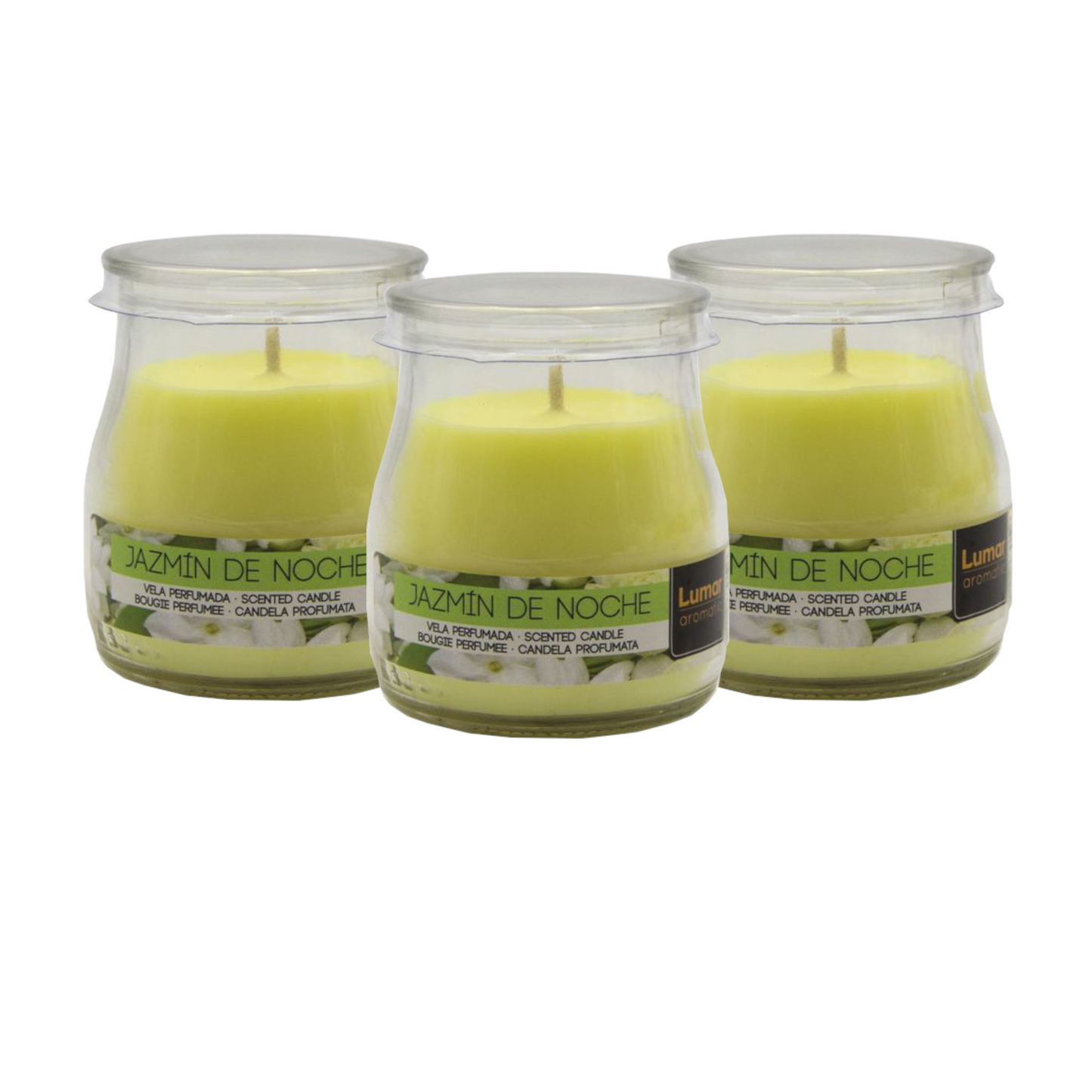 Home Universal® Pack de 3/6/12 Velas Aromáticas en Vaso de Cristal Reciclable LUMAR AROMATIC – 24h de Duración por Vela – Cera Vegetal Perfumada – 16 Fragancias Disponibles – Fabricadas en España – 7x6cm (Jazmín de Noche)