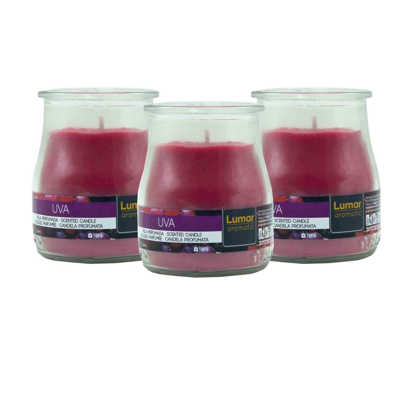 Home Universal® Pack de 3/6/12 Velas Aromáticas en Vaso de Cristal Reciclable LUMAR AROMATIC – 24h de Duración por Vela – Cera Vegetal Perfumada – 16 Fragancias Disponibles – Fabricadas en España – 7x6cm (Uva)