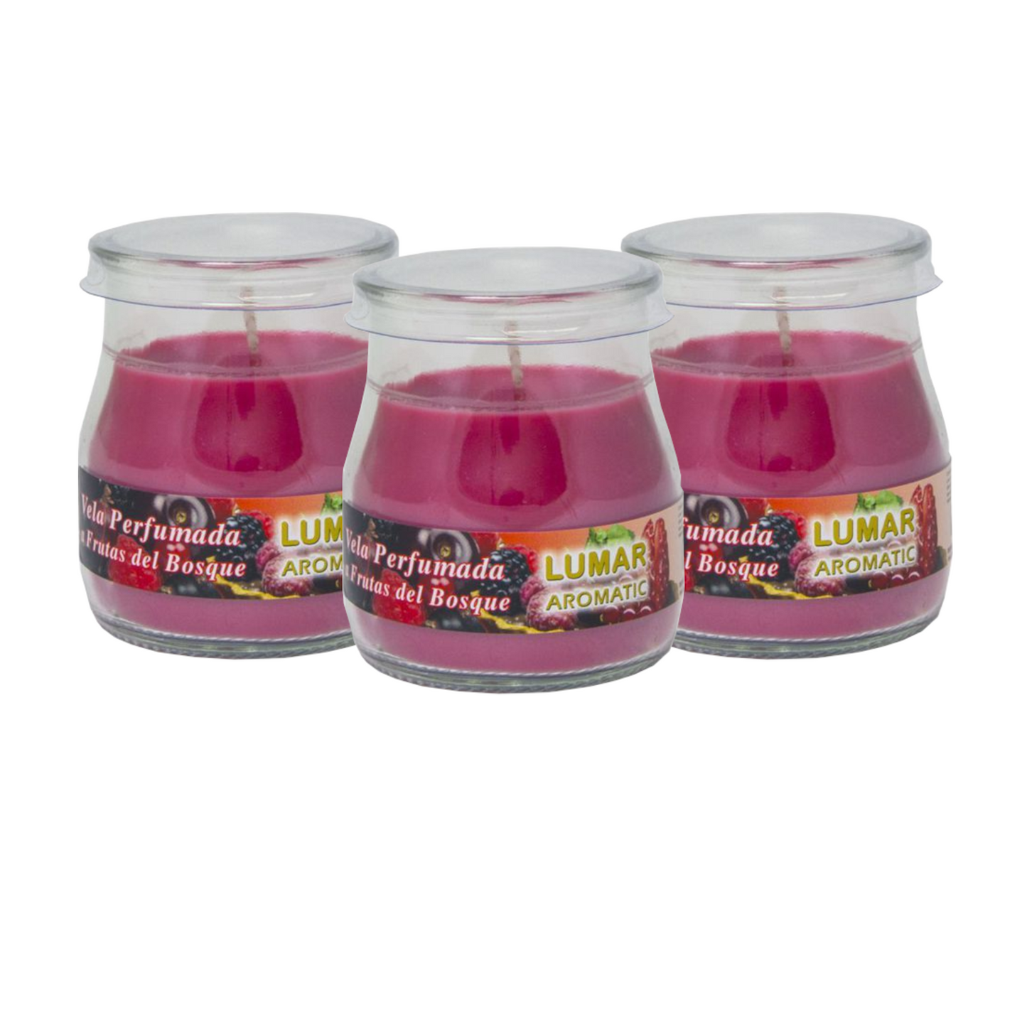 Home Universal® Pack de 3/6/12 Velas Aromáticas en Vaso de Cristal Reciclable LUMAR AROMATIC – 24h de Duración por Vela – Cera Vegetal Perfumada – 16 Fragancias Disponibles – Fabricadas en España – 7x6cm (Frutas del Bosque)