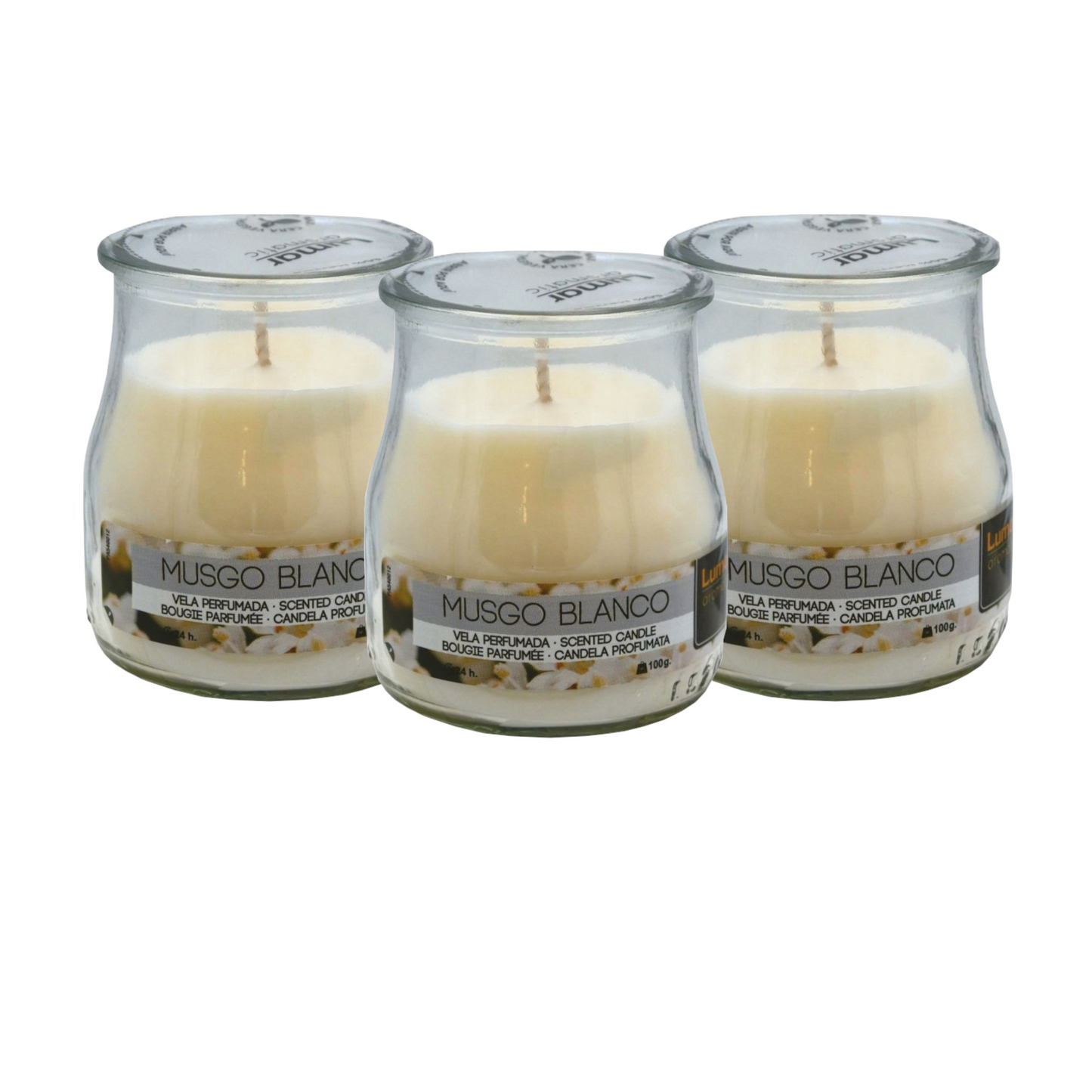 Home Universal® Pack de 3/6/12 Velas Aromáticas en Vaso de Cristal Reciclable LUMAR AROMATIC – 24h de Duración por Vela – Cera Vegetal Perfumada – 16 Fragancias Disponibles – Fabricadas en España – 7x6cm (Musco Blanco)