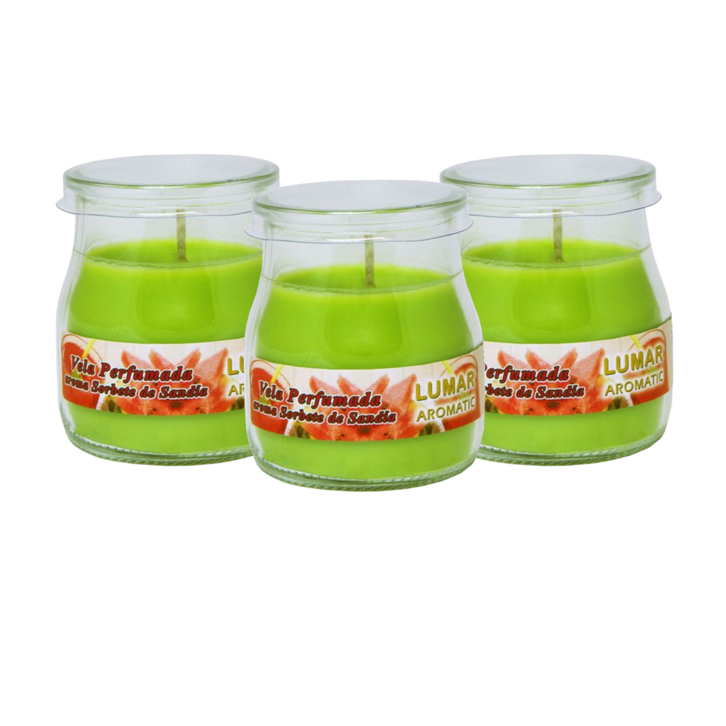 Home Universal® Pack de 3/6/12 Velas Aromáticas en Vaso de Cristal Reciclable LUMAR AROMATIC – 24h de Duración por Vela – Cera Vegetal Perfumada – 16 Fragancias Disponibles – Fabricadas en España – 7x6cm (Sorbete de Sandía)