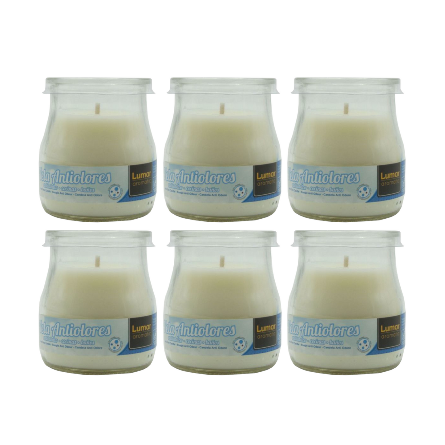 Home Universal® Pack de 3/6/12 Velas Aromáticas en Vaso de Cristal Reciclable LUMAR AROMATIC – 24h de Duración por Vela – Cera Vegetal Perfumada – 16 Fragancias Disponibles – Fabricadas en España – 7x6cm (Anti olores)