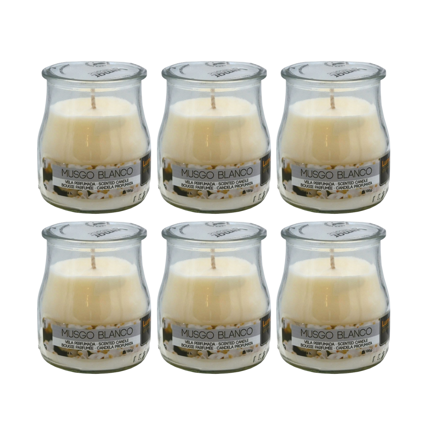 Home Universal® Pack de 3/6/12 Velas Aromáticas en Vaso de Cristal Reciclable LUMAR AROMATIC – 24h de Duración por Vela – Cera Vegetal Perfumada – 16 Fragancias Disponibles – Fabricadas en España – 7x6cm (Musco Blanco)
