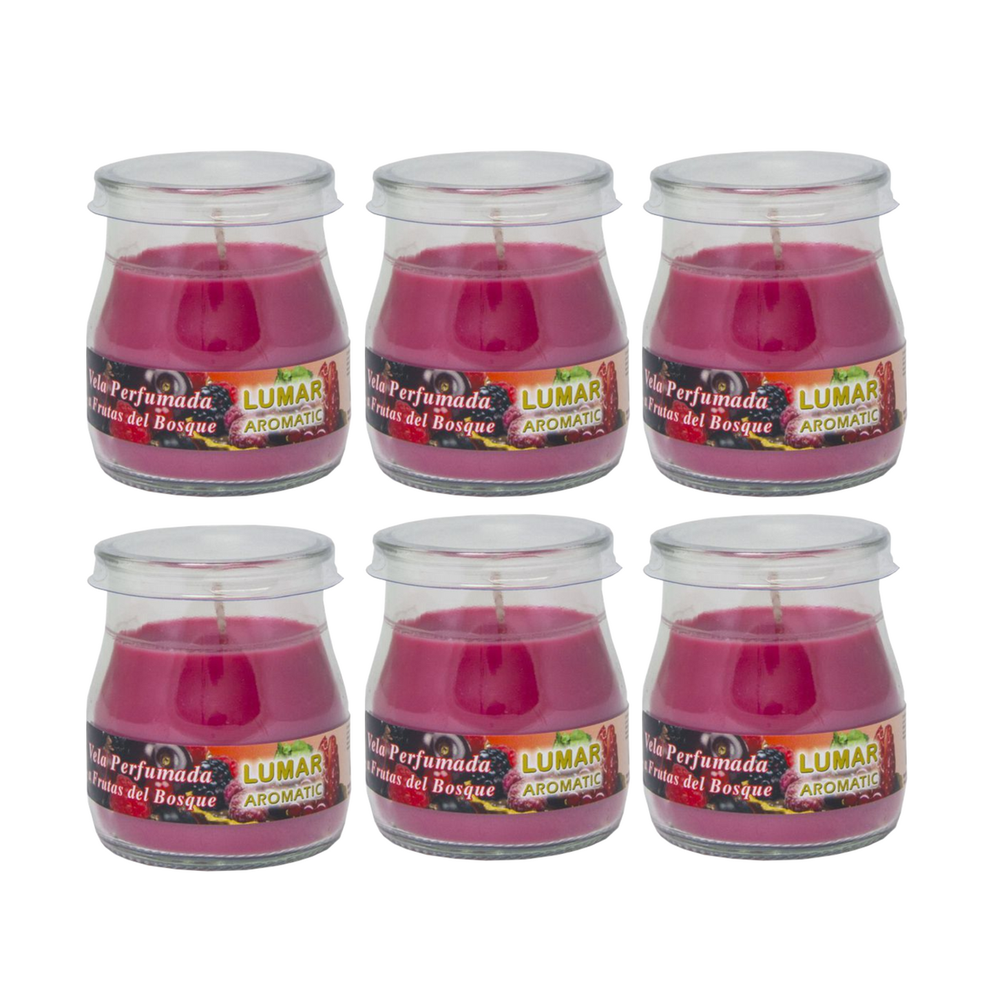 Home Universal® Pack de 3/6/12 Velas Aromáticas en Vaso de Cristal Reciclable LUMAR AROMATIC – 24h de Duración por Vela – Cera Vegetal Perfumada – 16 Fragancias Disponibles – Fabricadas en España – 7x6cm (Frutas del Bosque)
