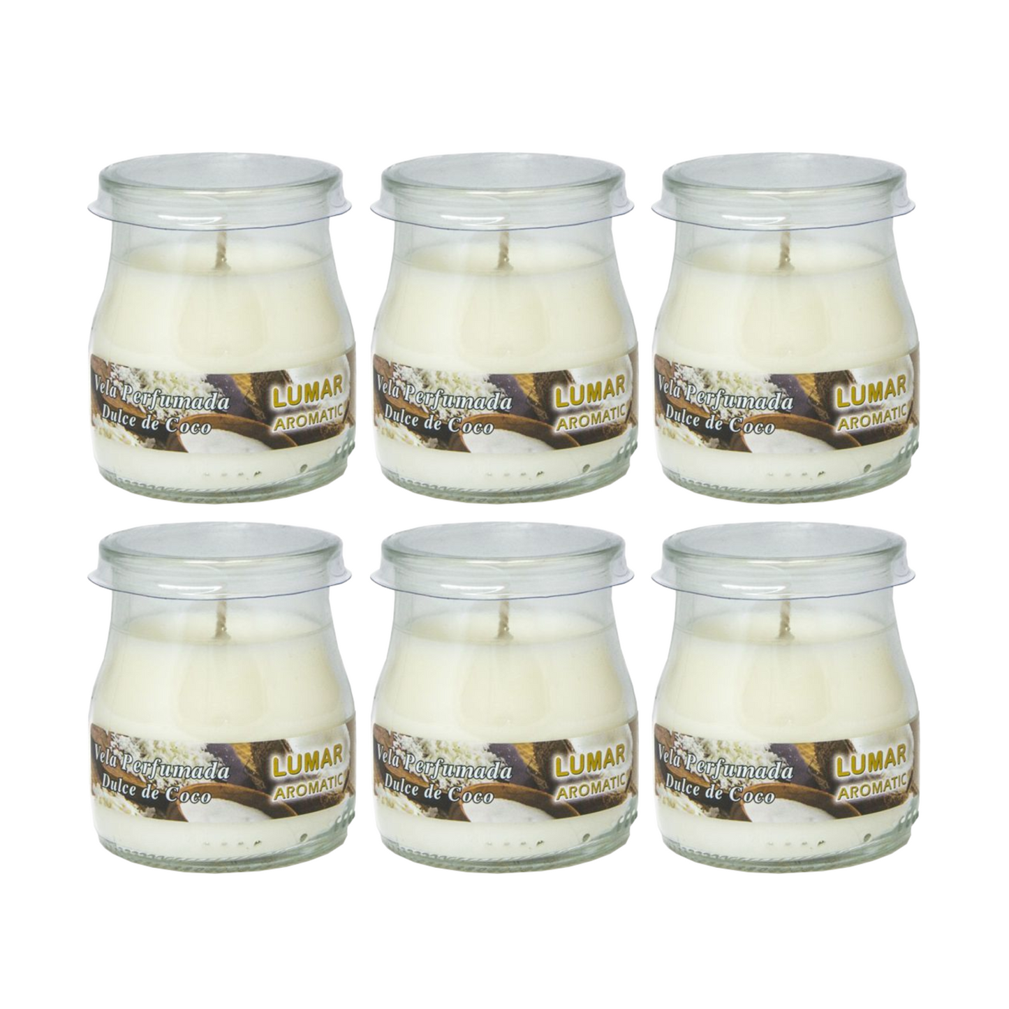 Home Universal® Pack de 3/6/12 Velas Aromáticas en Vaso de Cristal Reciclable LUMAR AROMATIC – 24h de Duración por Vela – Cera Vegetal Perfumada – 16 Fragancias Disponibles – Fabricadas en España – 7x6cm (Dulce de Coco)