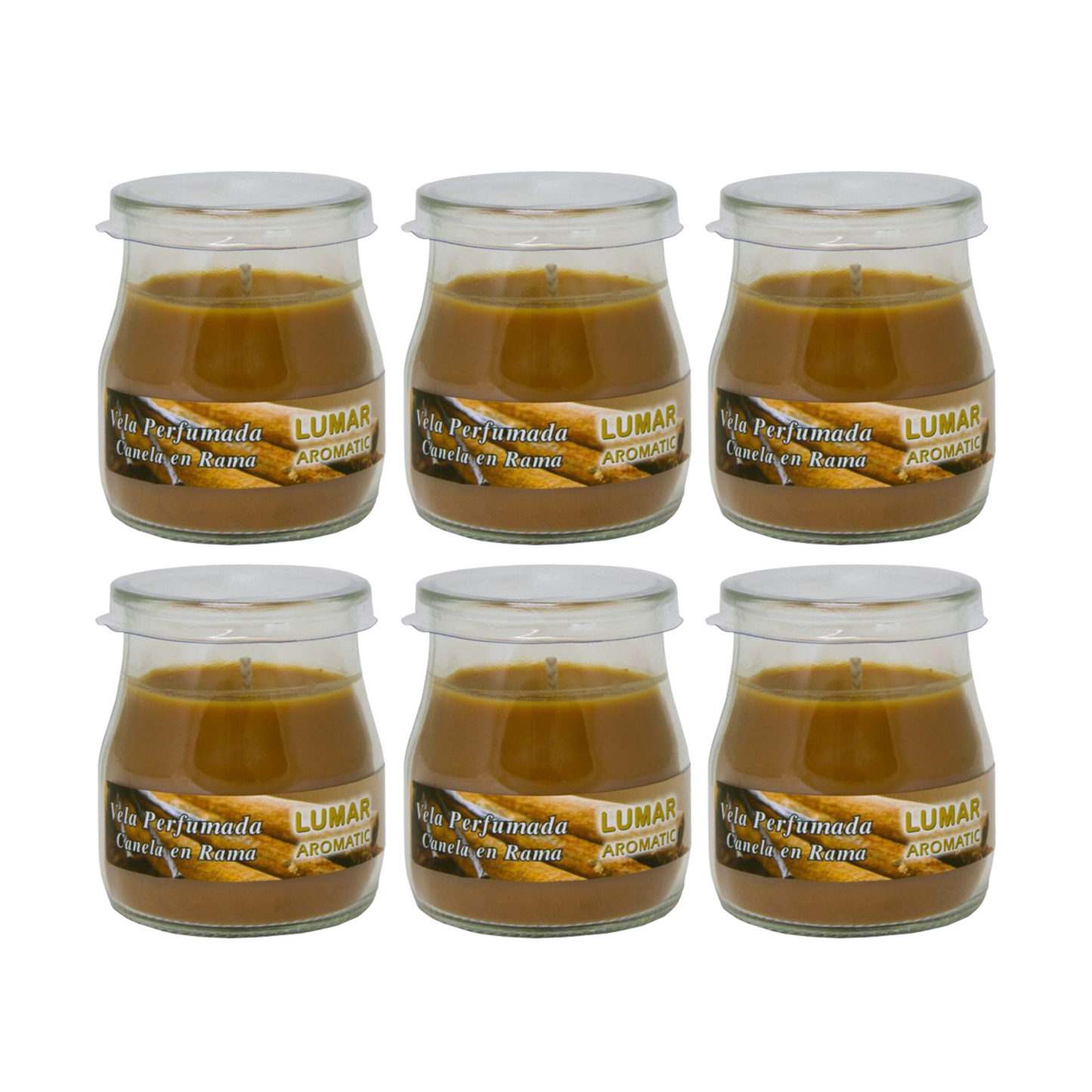 Home Universal® Pack de 3/6/12 Velas Aromáticas en Vaso de Cristal Reciclable LUMAR AROMATIC – 24h de Duración por Vela – Cera Vegetal Perfumada – 16 Fragancias Disponibles – Fabricadas en España – 7x6cm (Canela en Rama)